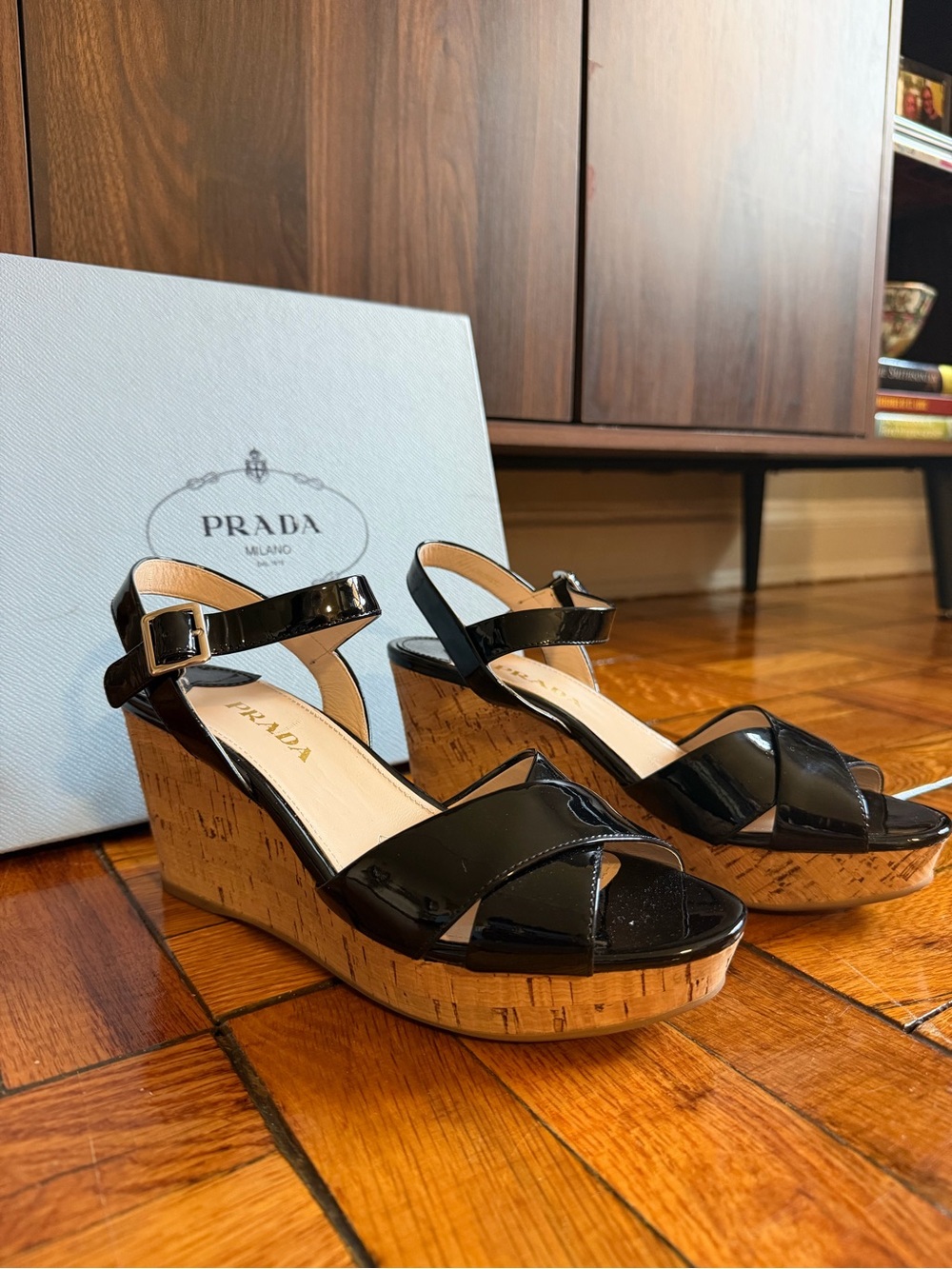 Prada Black Patent Leather Cork Wedge Sandals